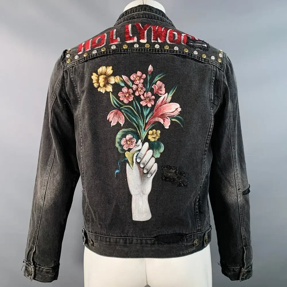 GUCCI Size M Hollywood Grey Painted Cotton Distressed Studded Denim Jacket